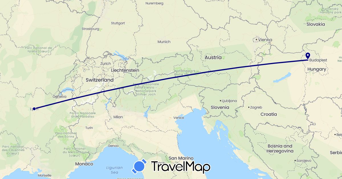 TravelMap itinerary: driving in France, Hungary (Europe)